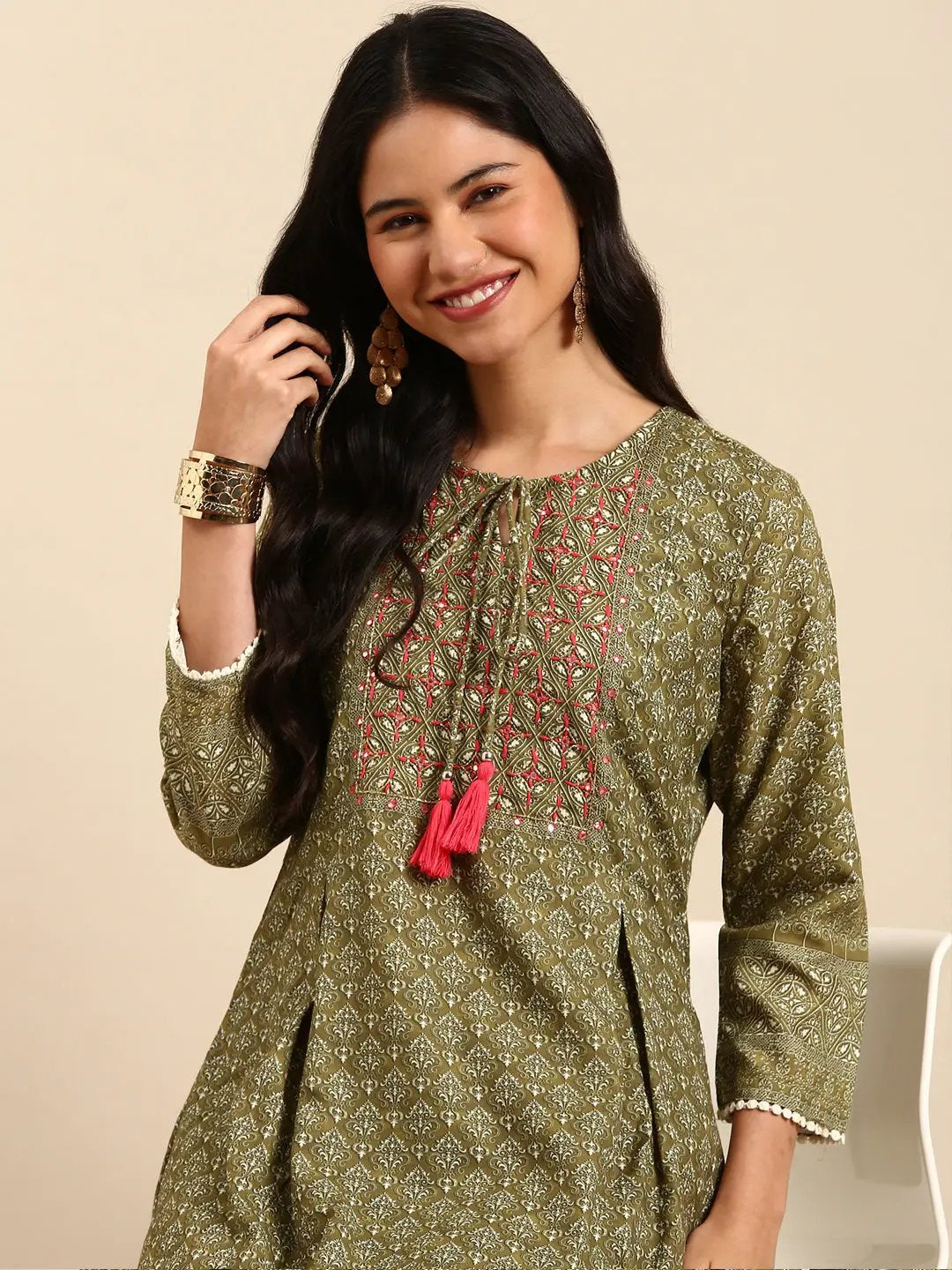 Women's Graphic Olive A-Line Kurta Set