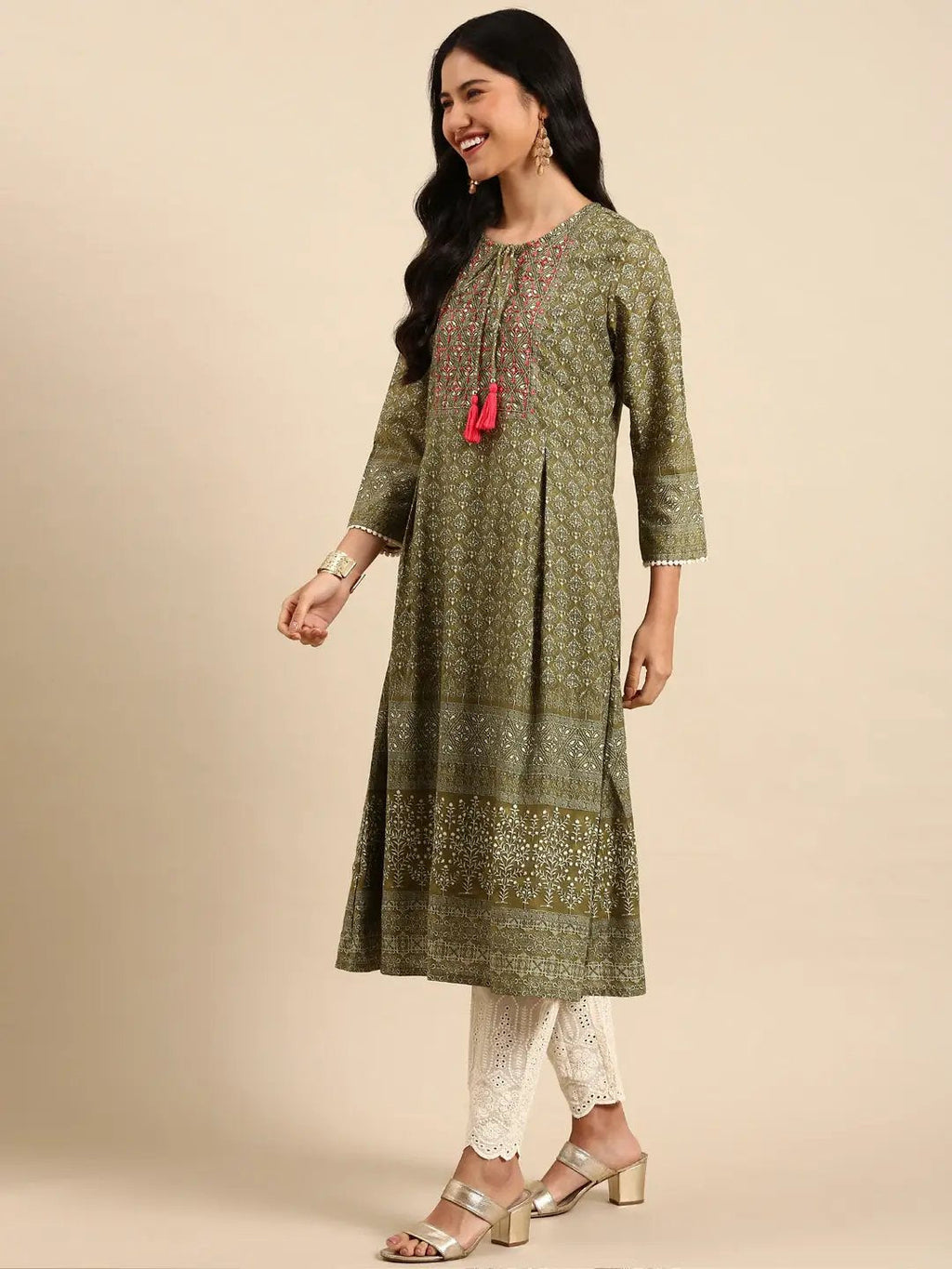 Women's Graphic Olive A-Line Kurta Set