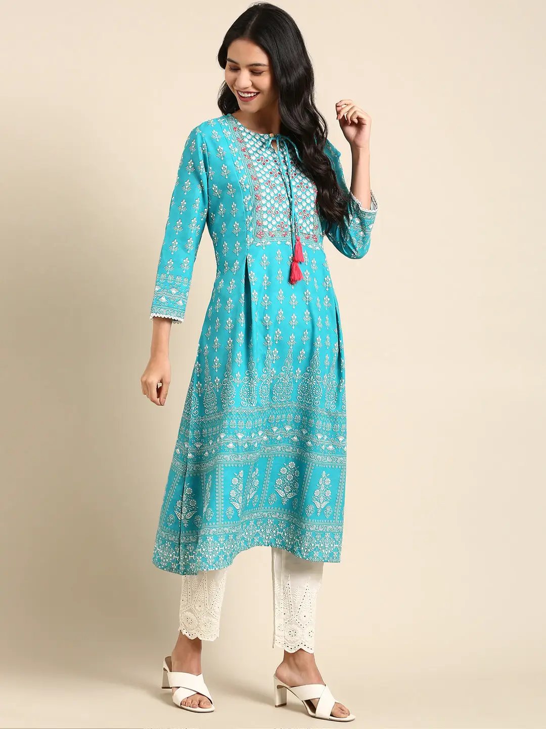 Women's Graphic Blue A-Line Kurta Set
