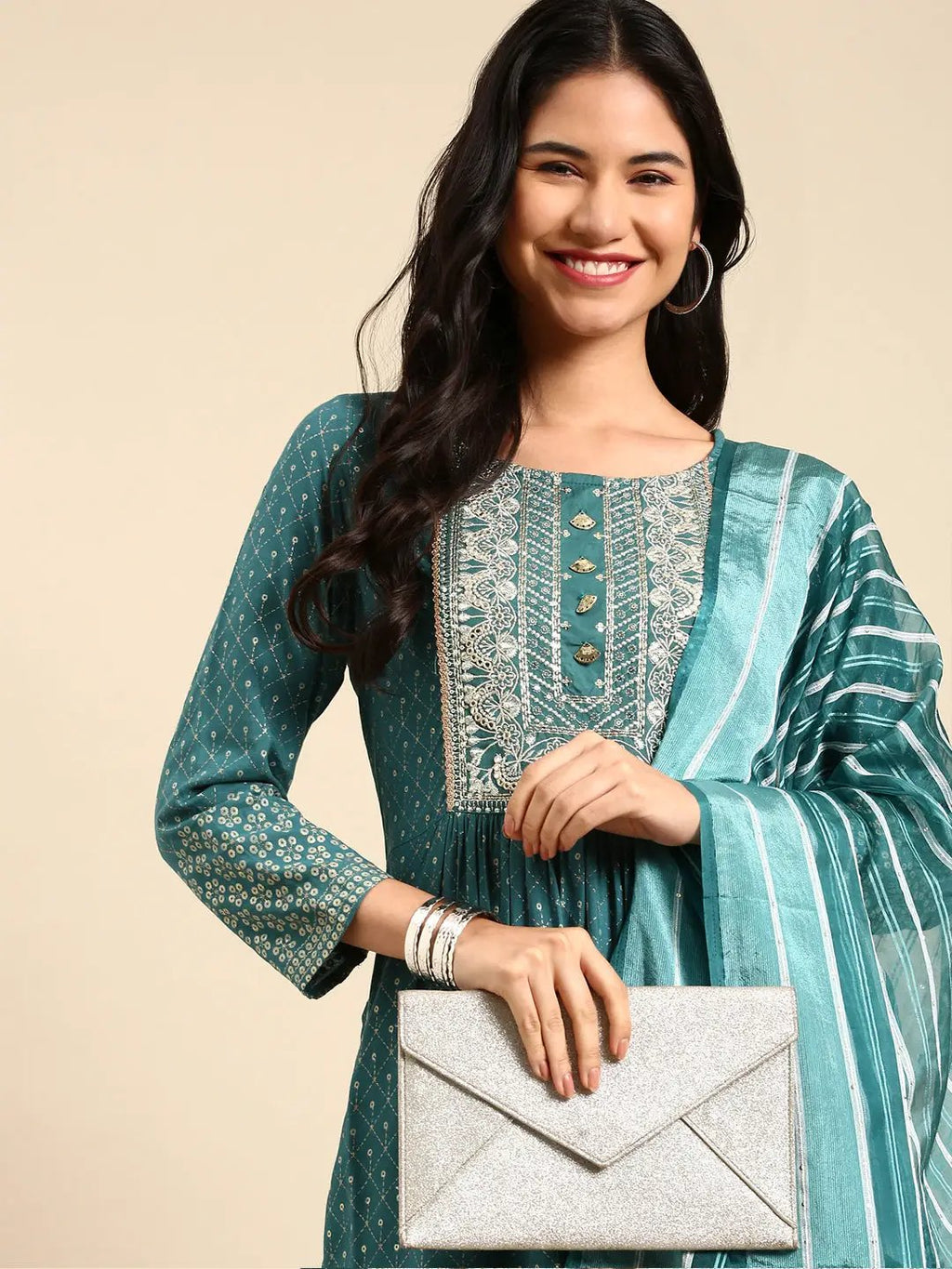 Women's Geometric Green Anarkali Kurta Set with Dupatta
