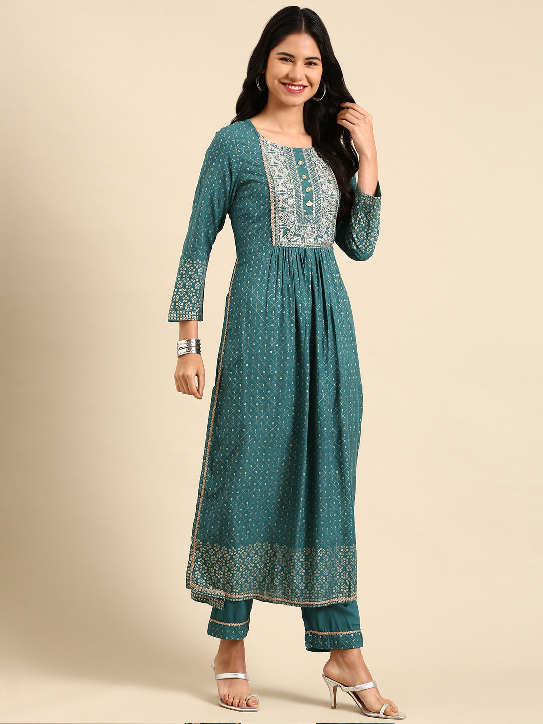 Women's Geometric Green Anarkali Kurta Set with Dupatta
