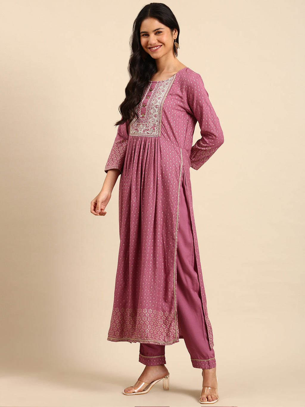 Women's Geometric Purple Anarkali Kurta Set with Dupatta