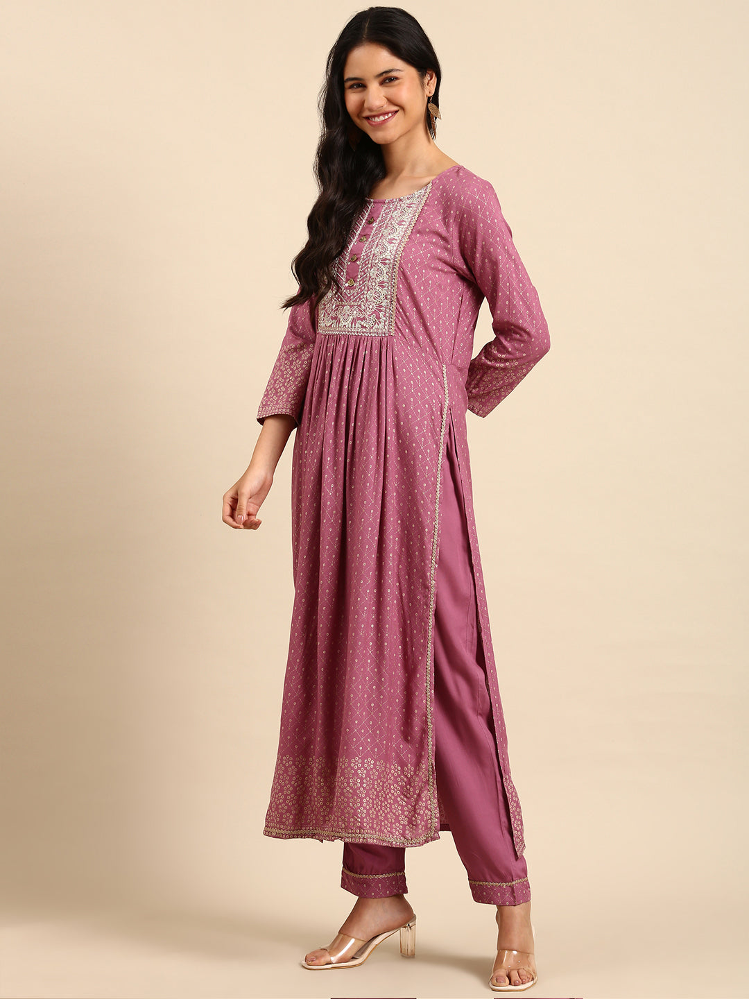 Women's Geometric Purple Anarkali Kurta Set with Dupatta