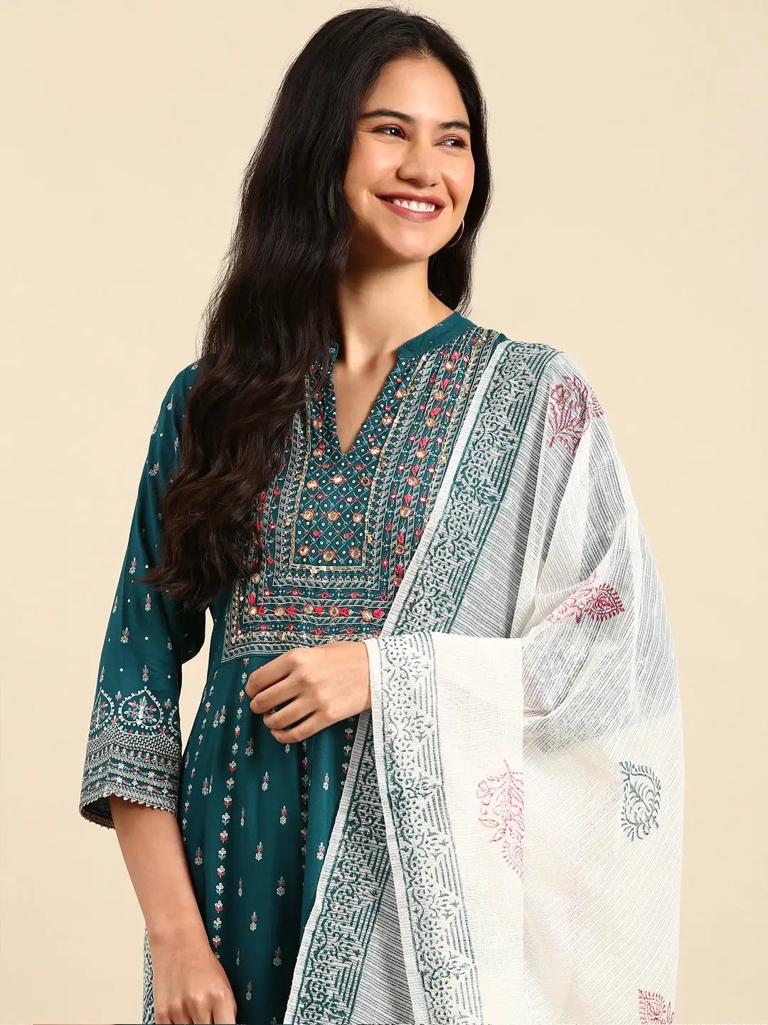Women's Graphic Green Anarkali Kurta Set with Dupatta