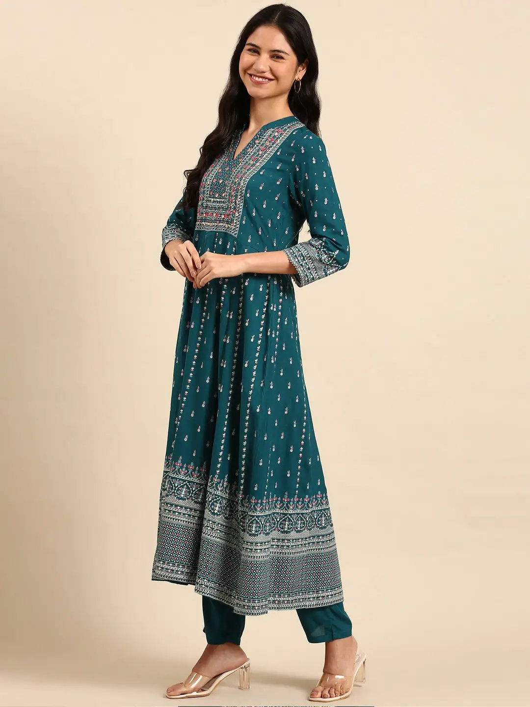 Women's Graphic Green Anarkali Kurta Set with Dupatta
