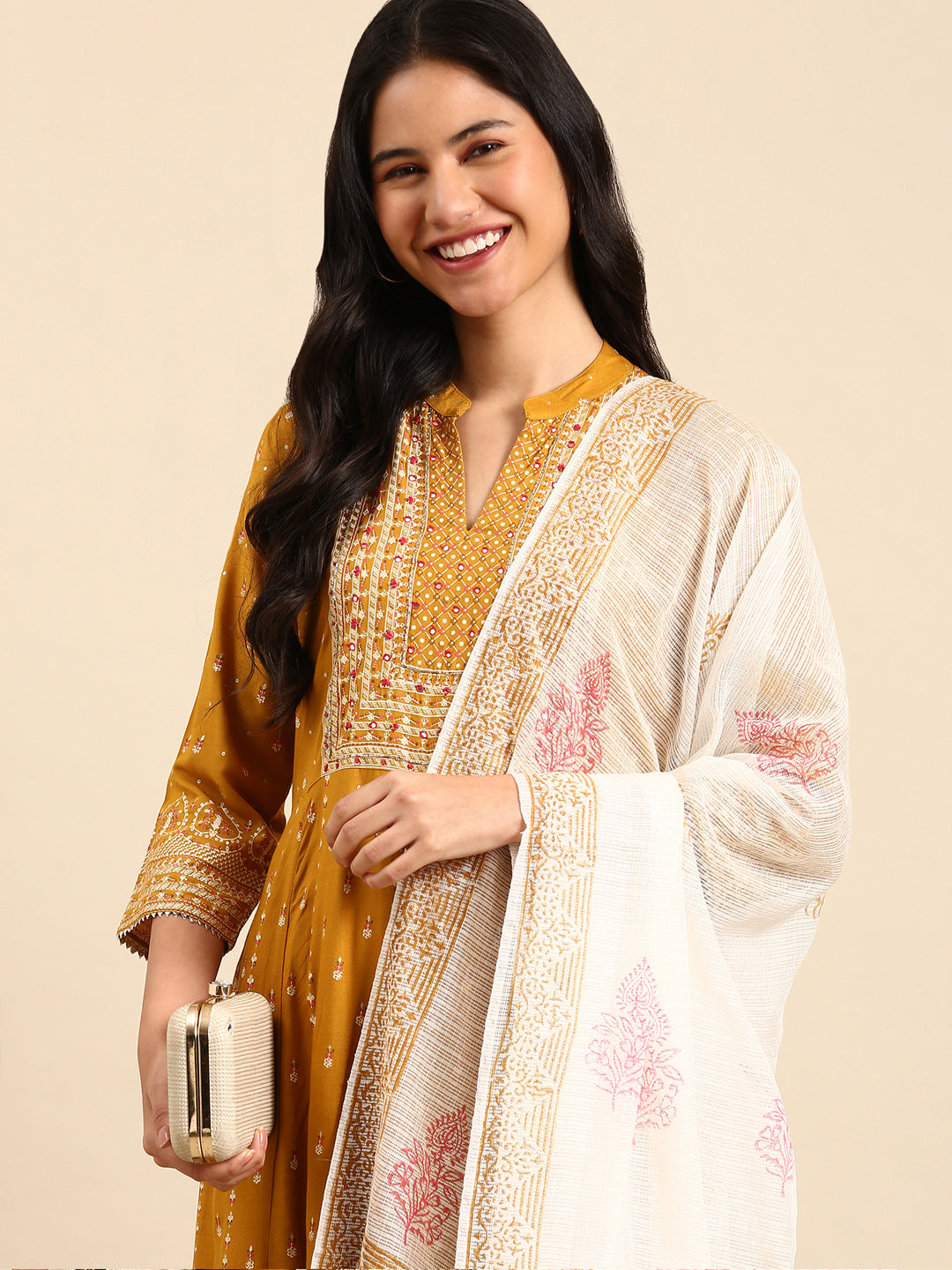 Women's Graphic Mustard A-Line Kurta Set with Dupatta