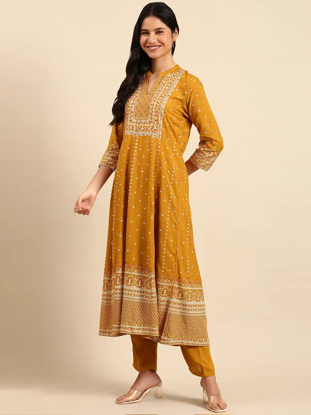 Women's Graphic Mustard A-Line Kurta Set with Dupatta