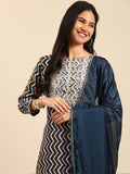Women's Chevron Navy Blue Straight Kurta Set with Dupatta