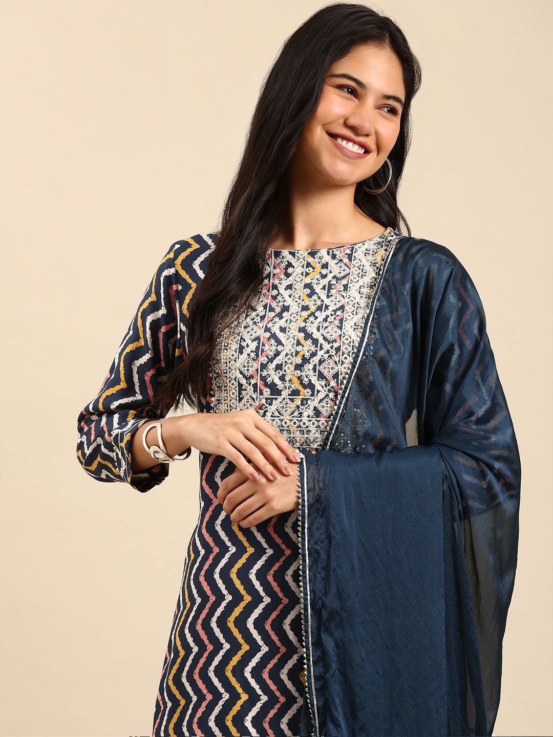 Women's Chevron Navy Blue Straight Kurta Set with Dupatta