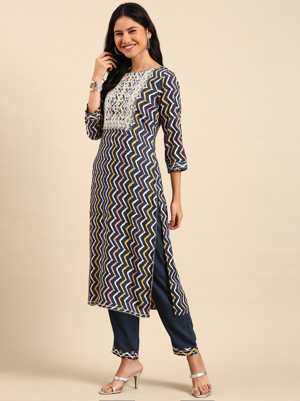 Women's Chevron Navy Blue Straight Kurta Set with Dupatta