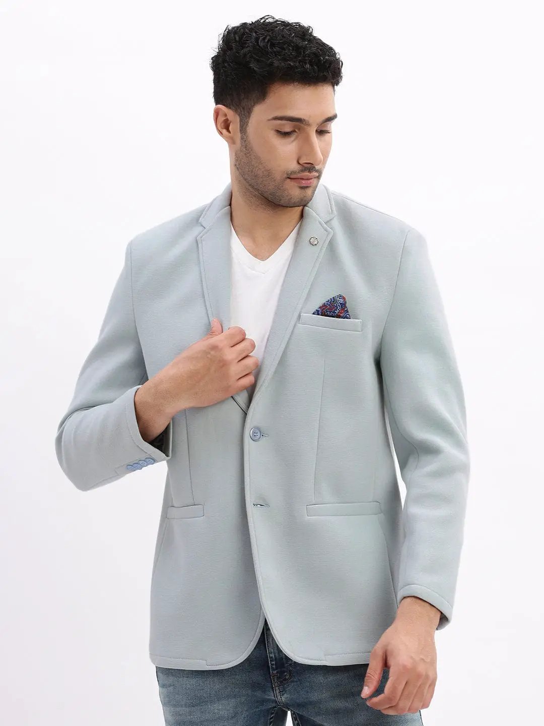 Men's Light Blue Single-Breasted Slim Fit Blazer with Notch Lapel