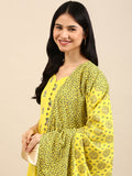 Women's Yellow Floral Printed Empire Chanderi Cotton Kurta Set with Skirt & Dupatta