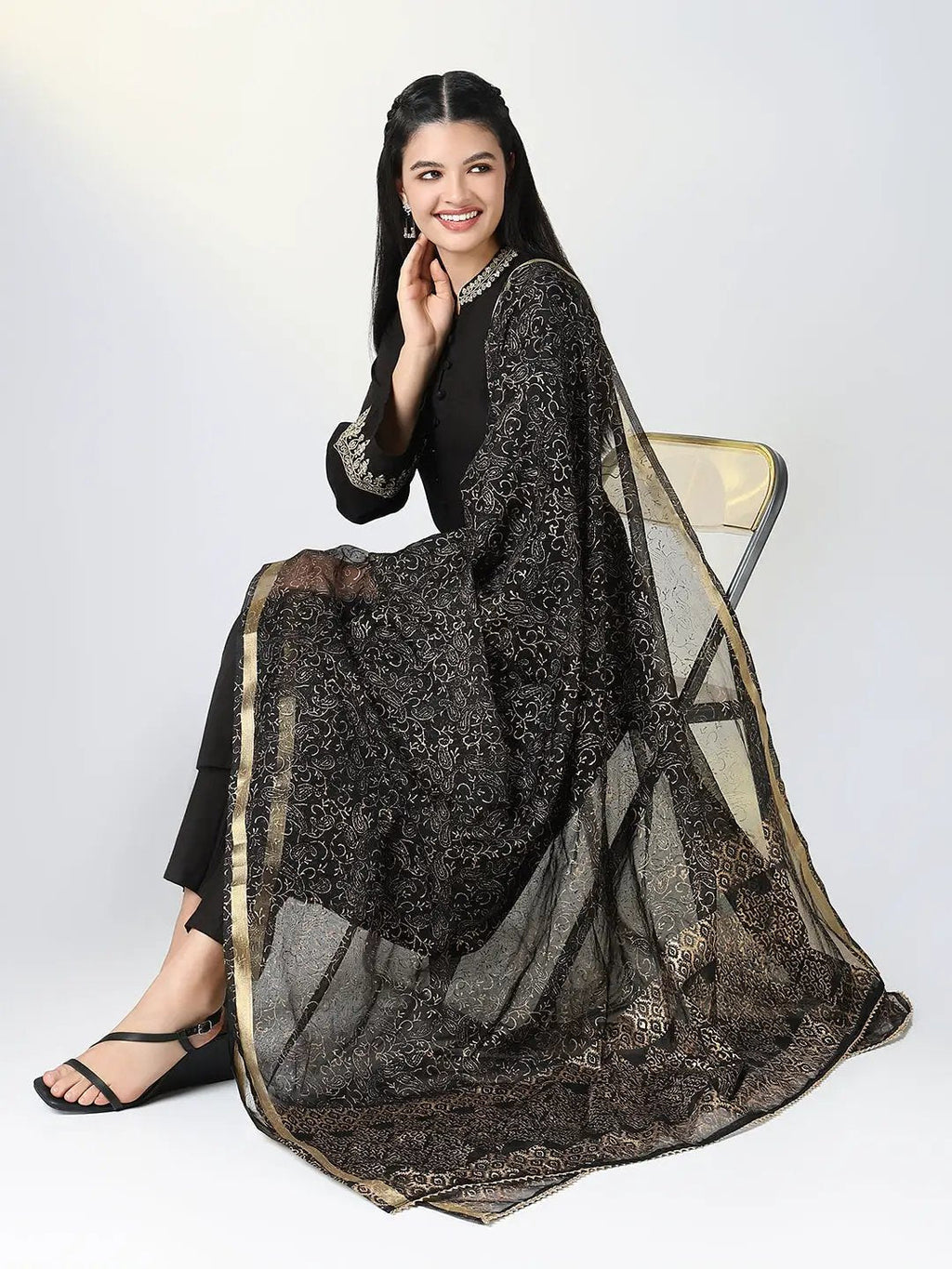 Women's Black Solid A Line Kurta Set with Dupatta