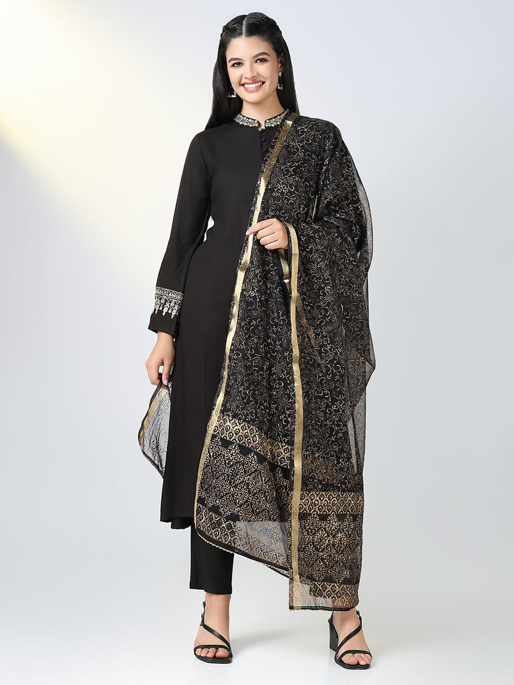 Women's Black Solid A Line Kurta Set with Dupatta