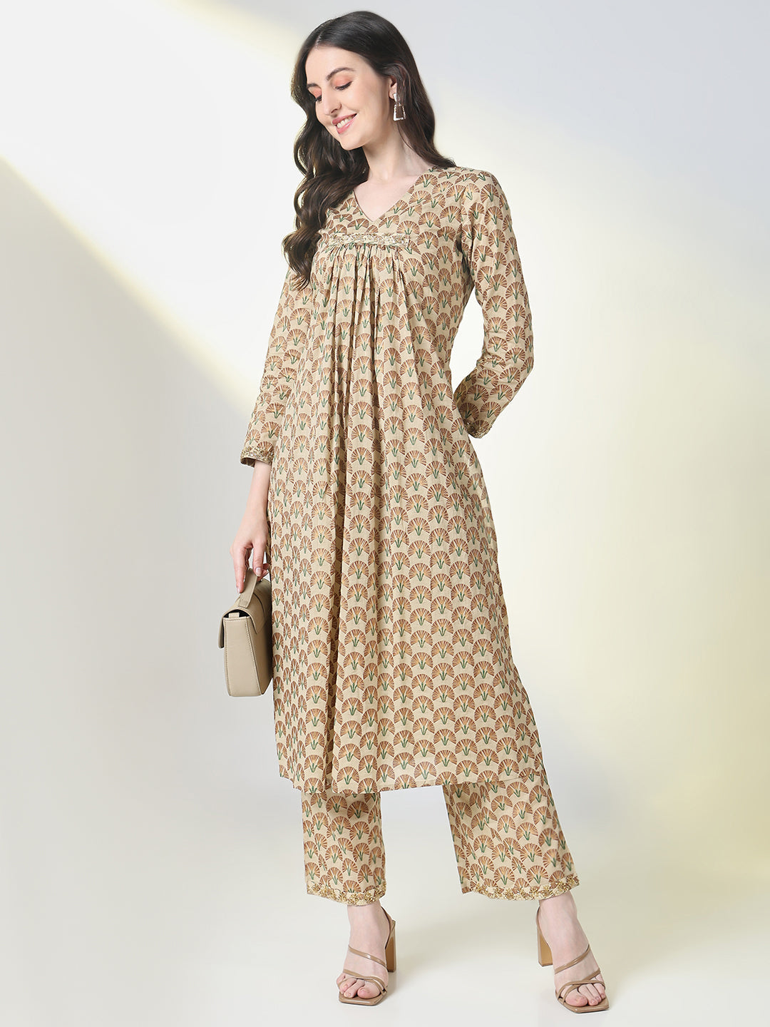 Women's Beige Floral A Line Kurta Set