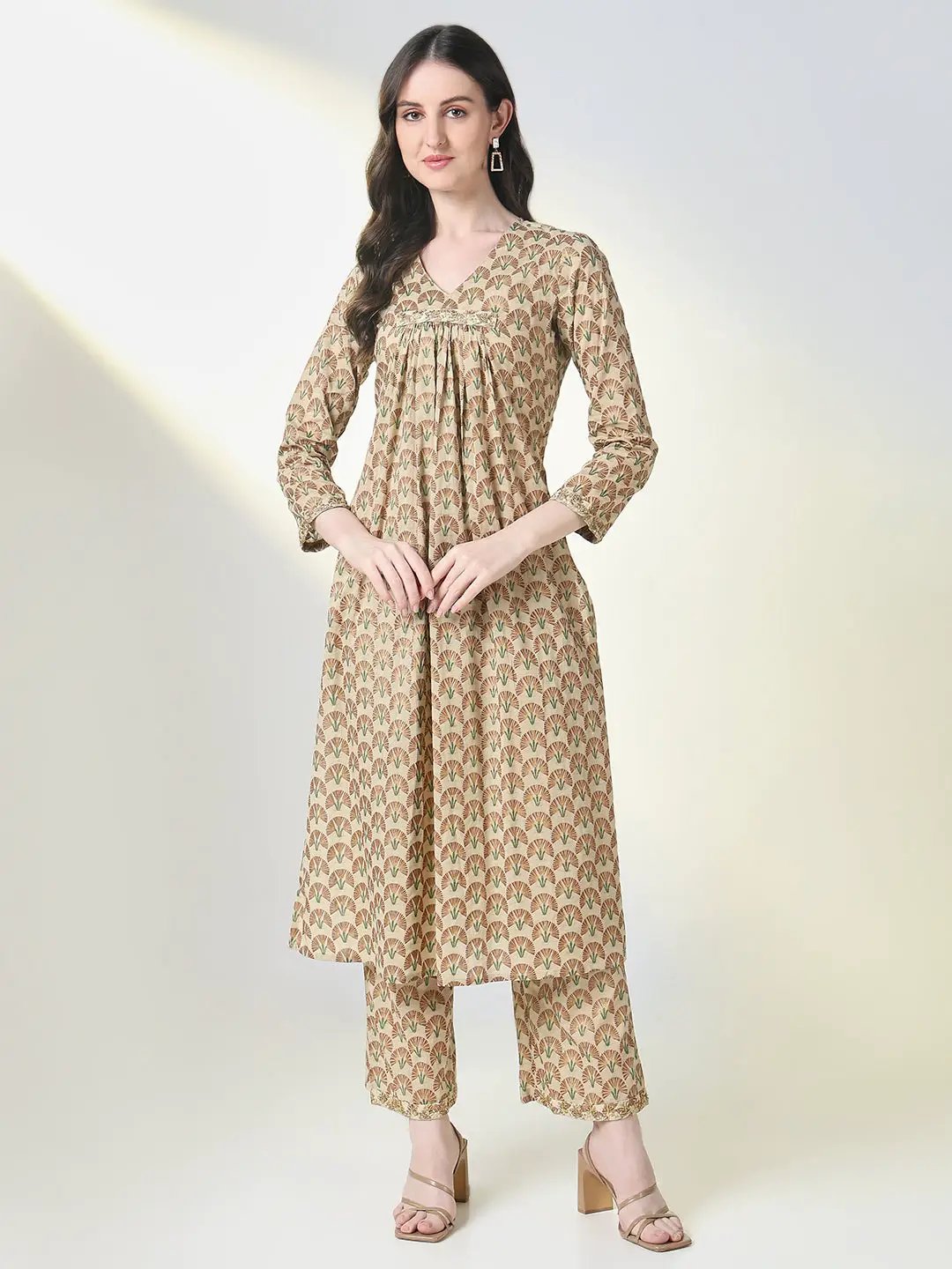Women's Beige Floral A Line Kurta Set