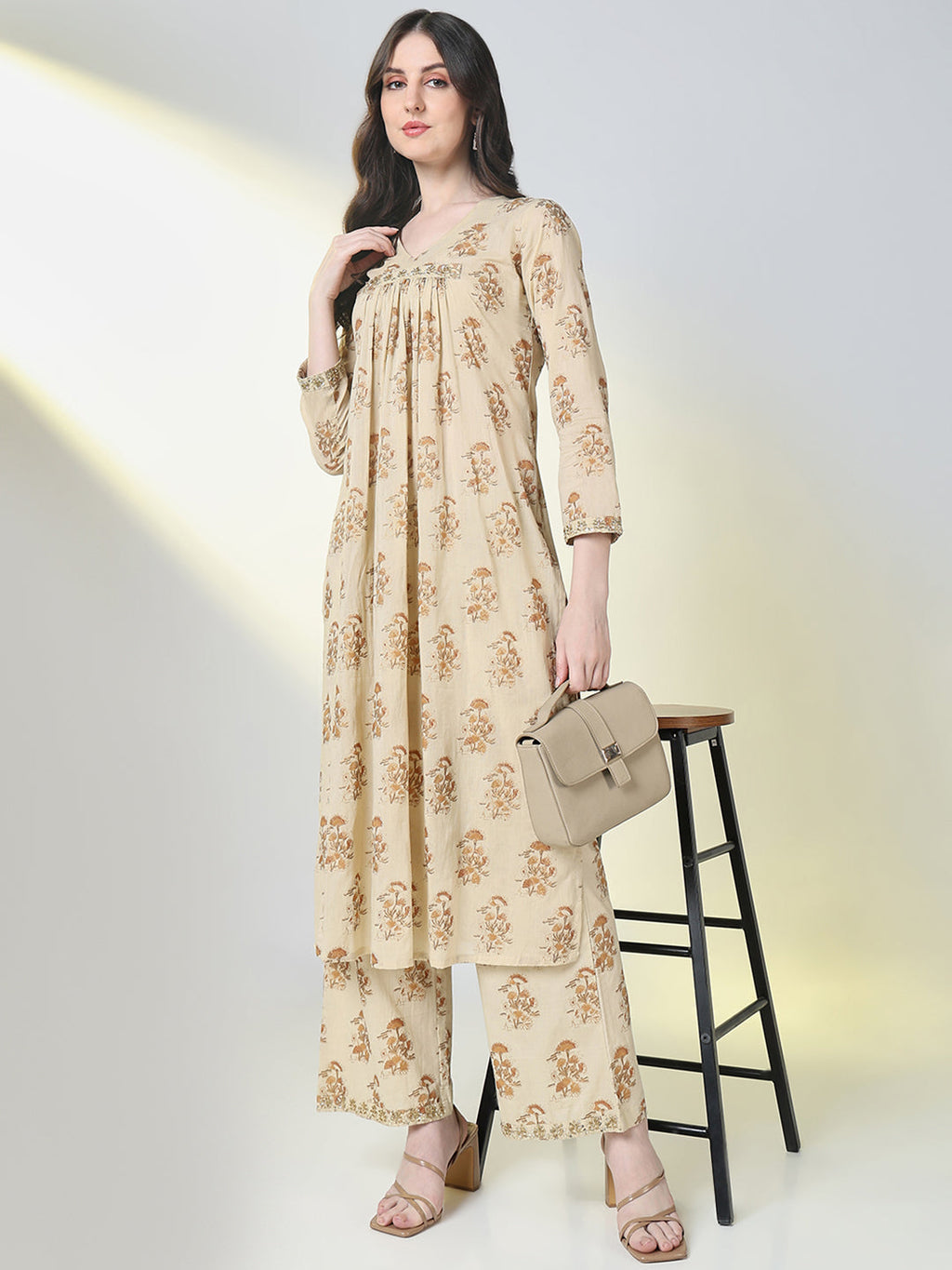 Women's Beige Graphic A Line Kurta Set
