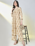 Women's Beige Graphic A Line Kurta Set