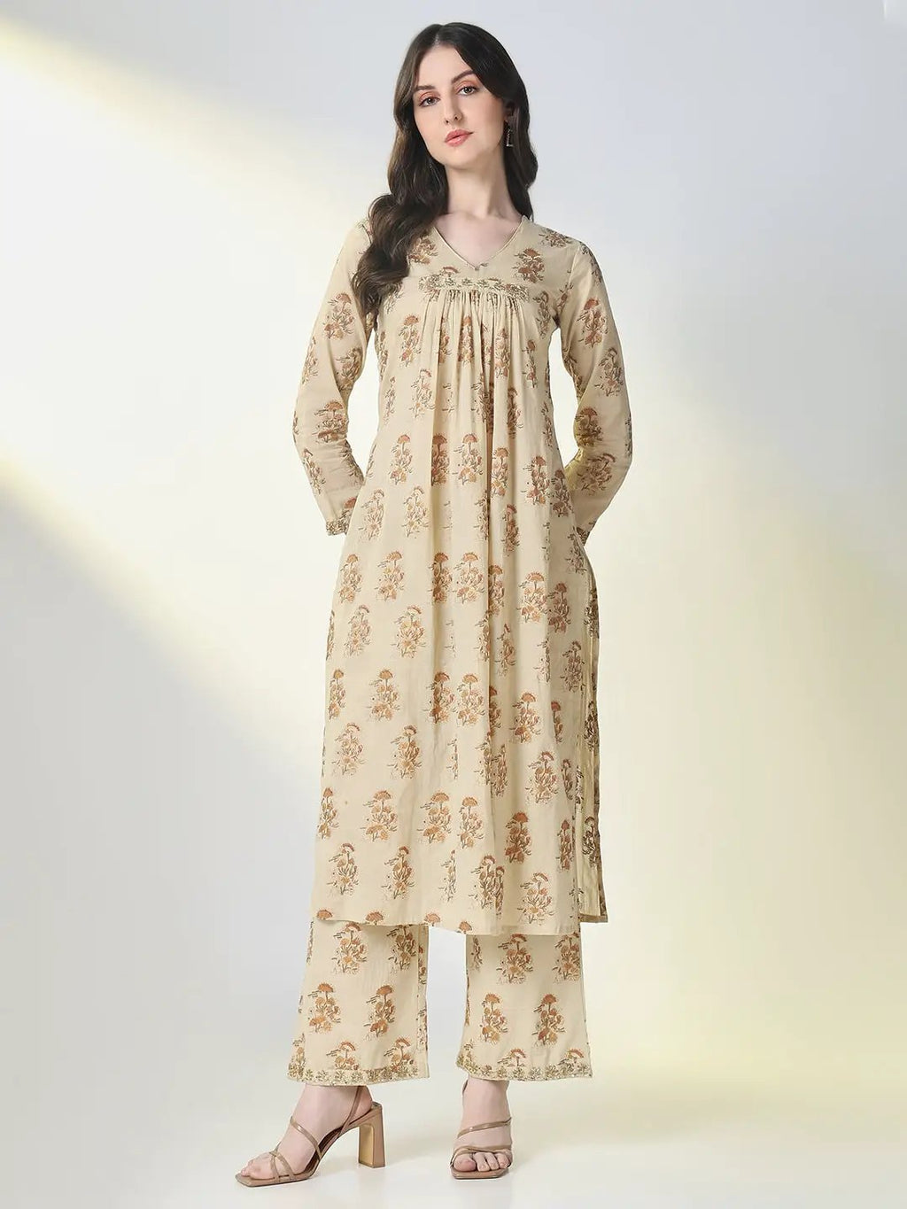 Women's Beige Graphic A Line Kurta Set