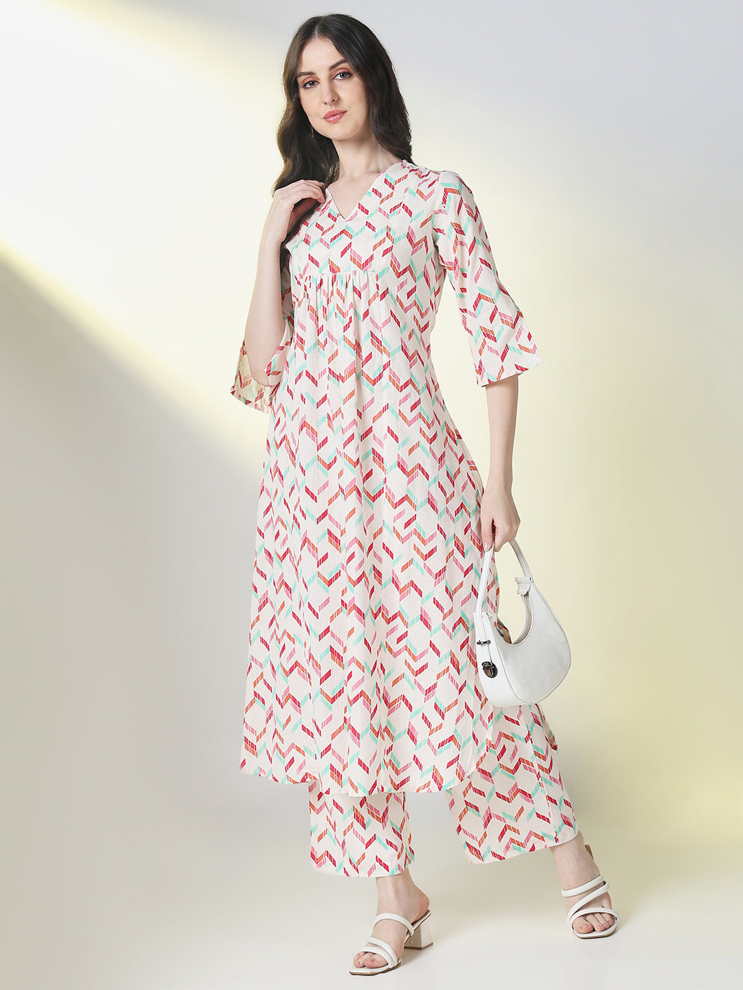 Women's Cream Geometric A Line Kurta Set