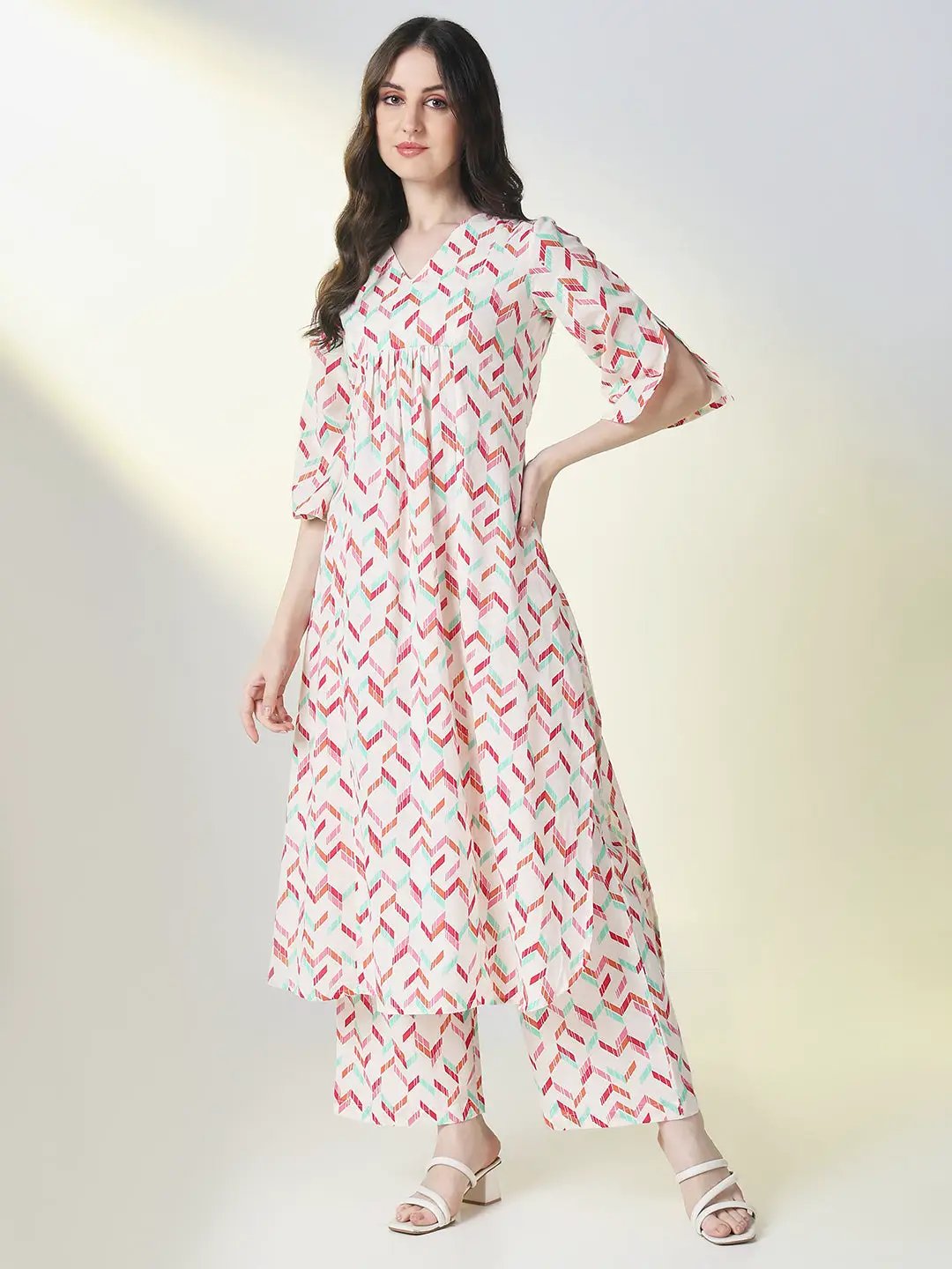 Women's Cream Geometric A Line Kurta Set