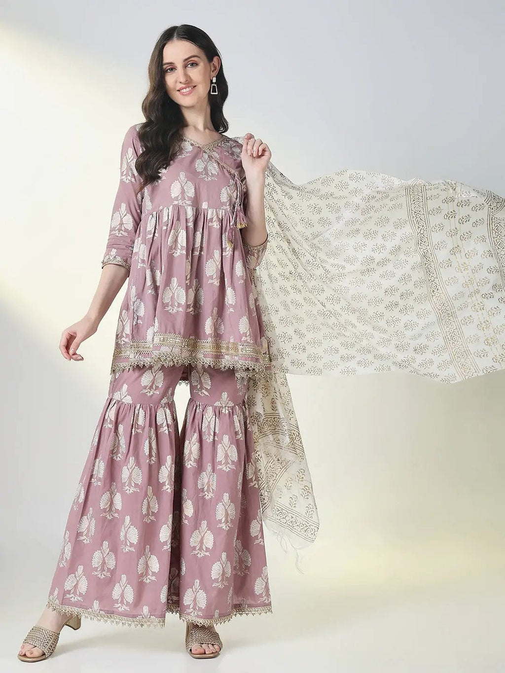 Women's Purple Graphic Anarkali Kurta Set with Dupatta