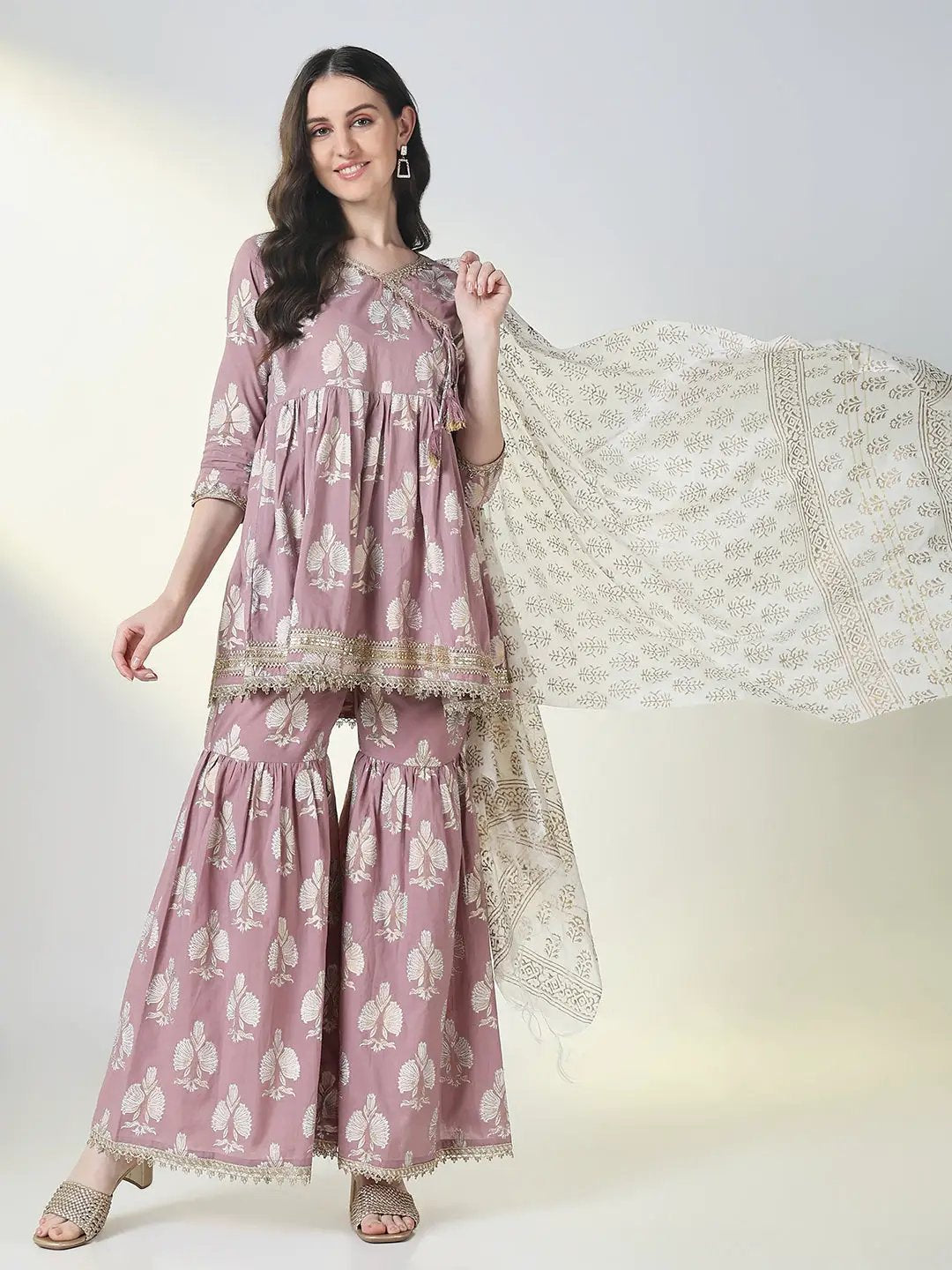 Women's Purple Graphic Anarkali Kurta Set with Dupatta
