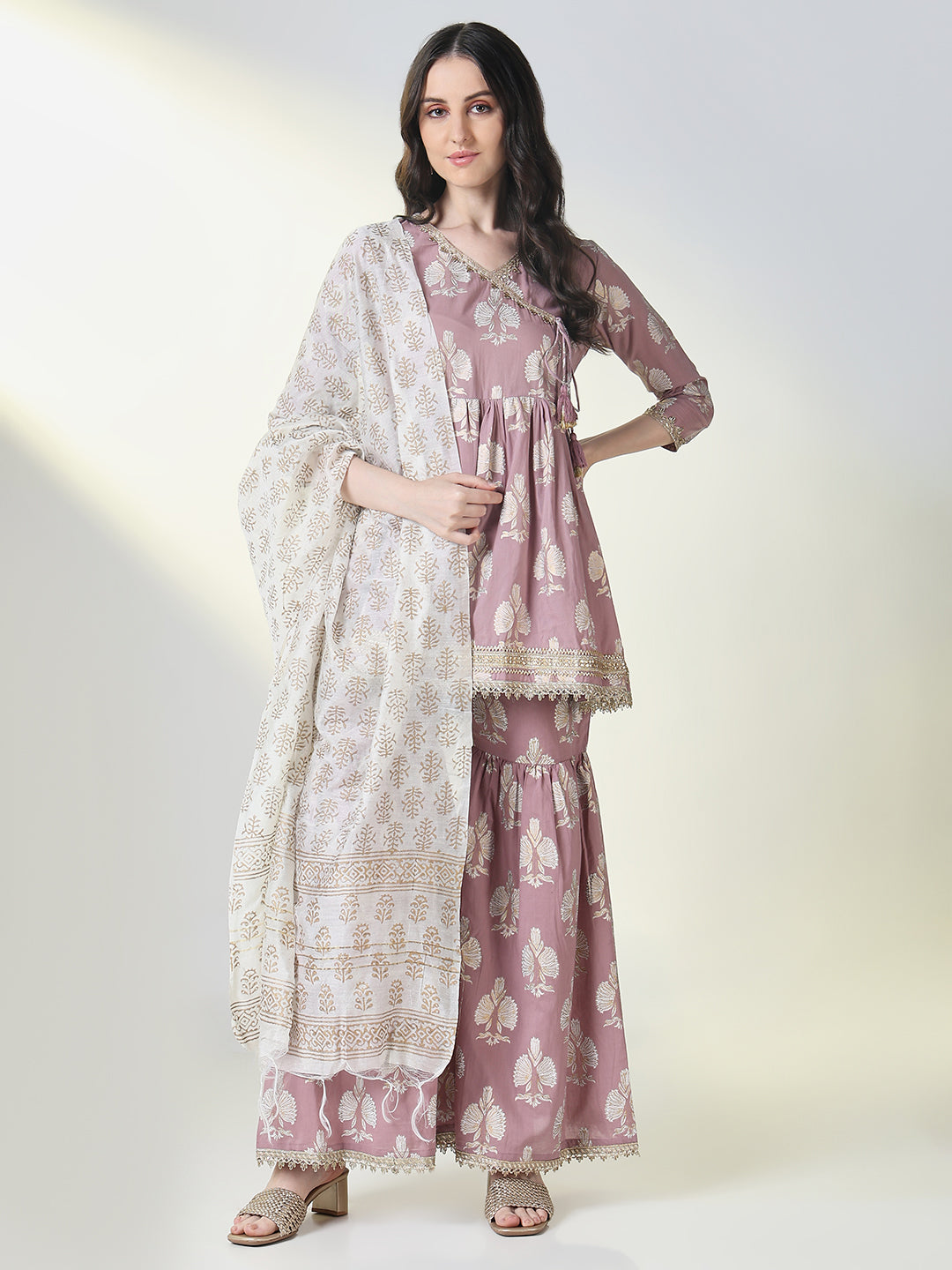 Women's Purple Graphic Anarkali Kurta Set with Dupatta