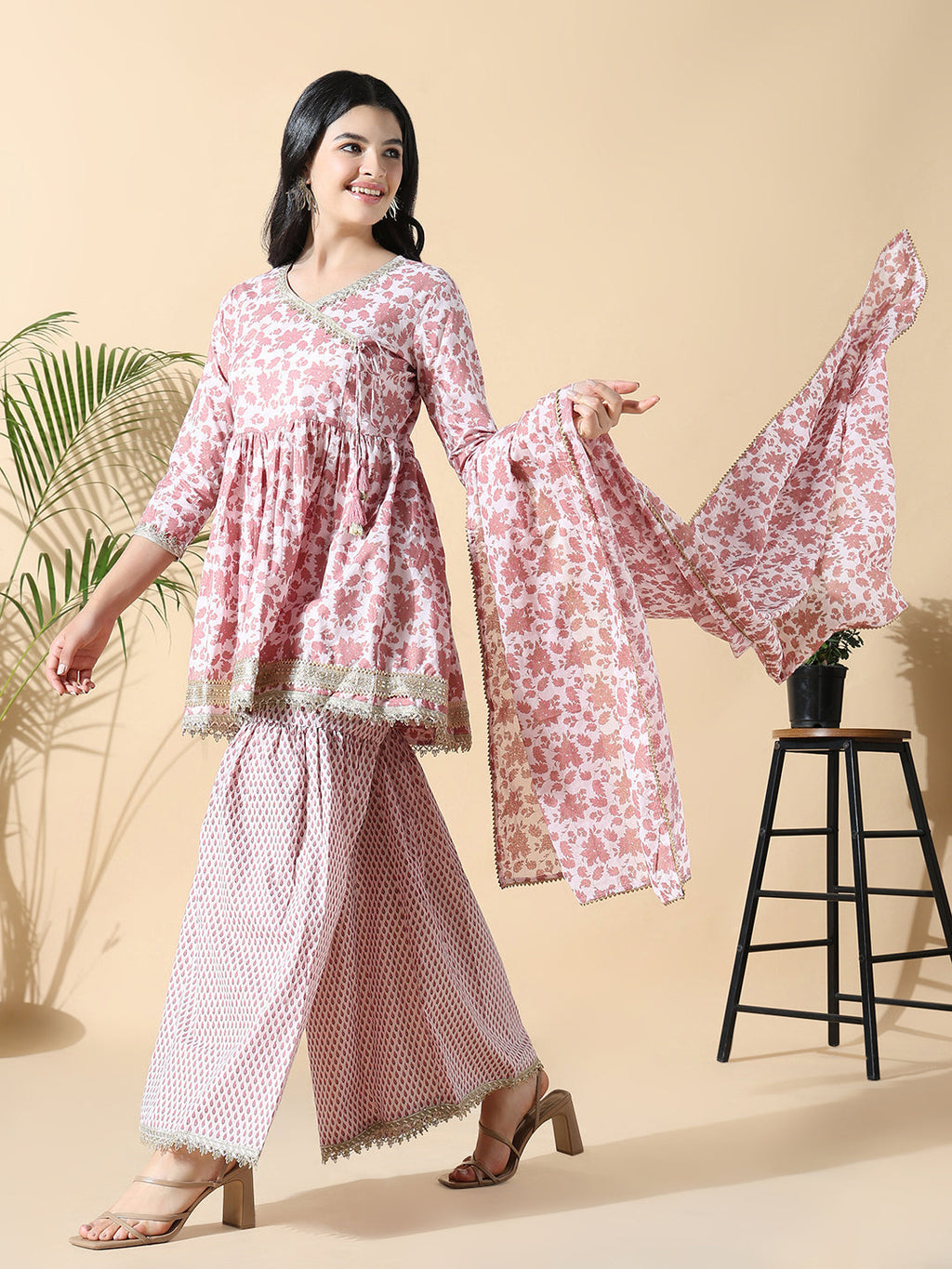 Women's Floral Anarkali Pink Kurti and Sharara with Dupatta