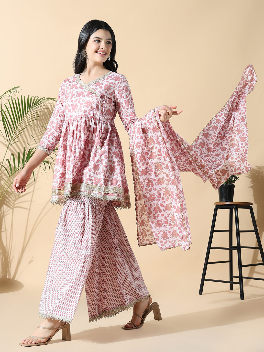 Women's Floral Anarkali Pink Kurti and Sharara with Dupatta