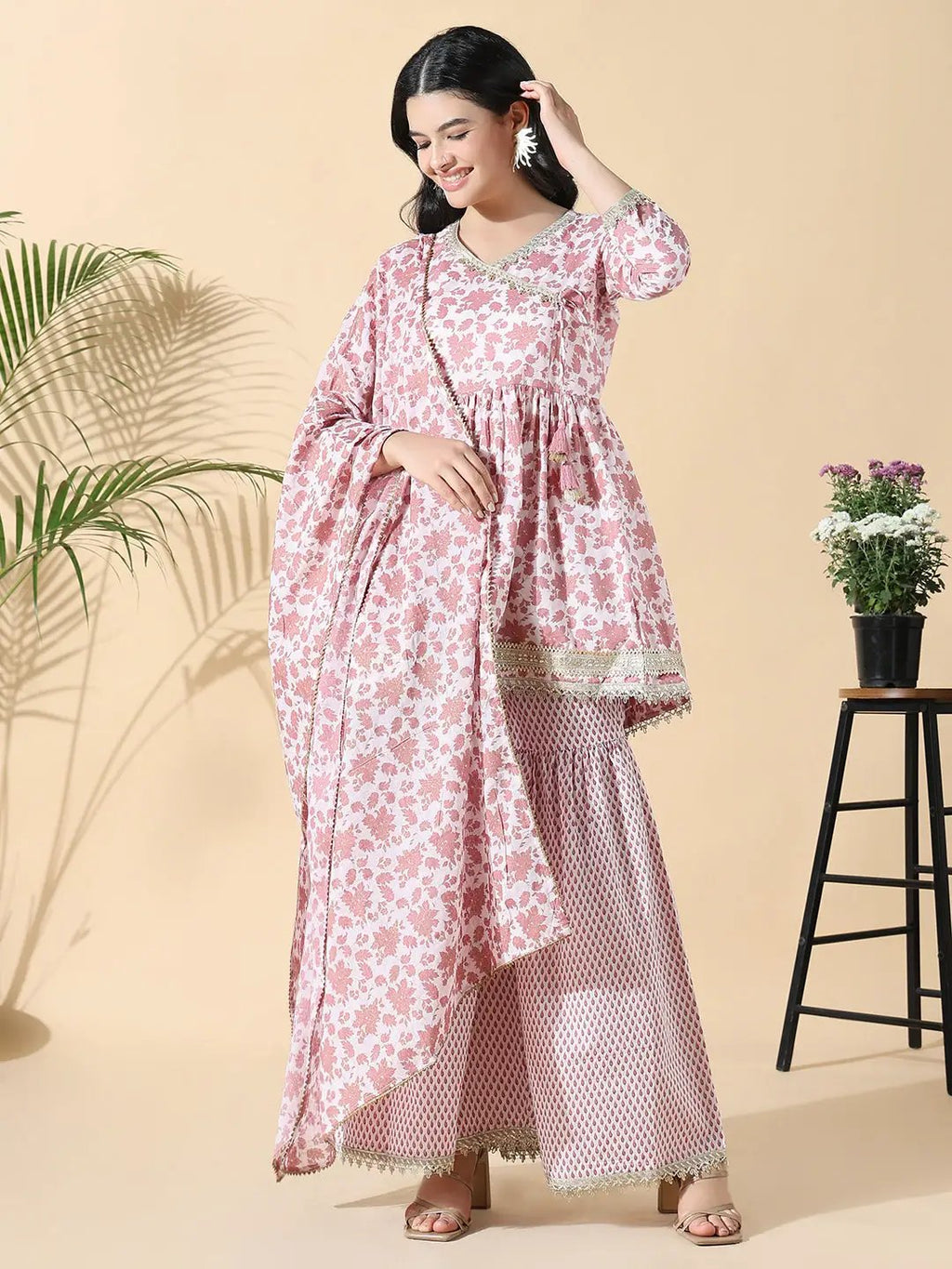 Women's Floral Anarkali Pink Kurti and Sharara with Dupatta