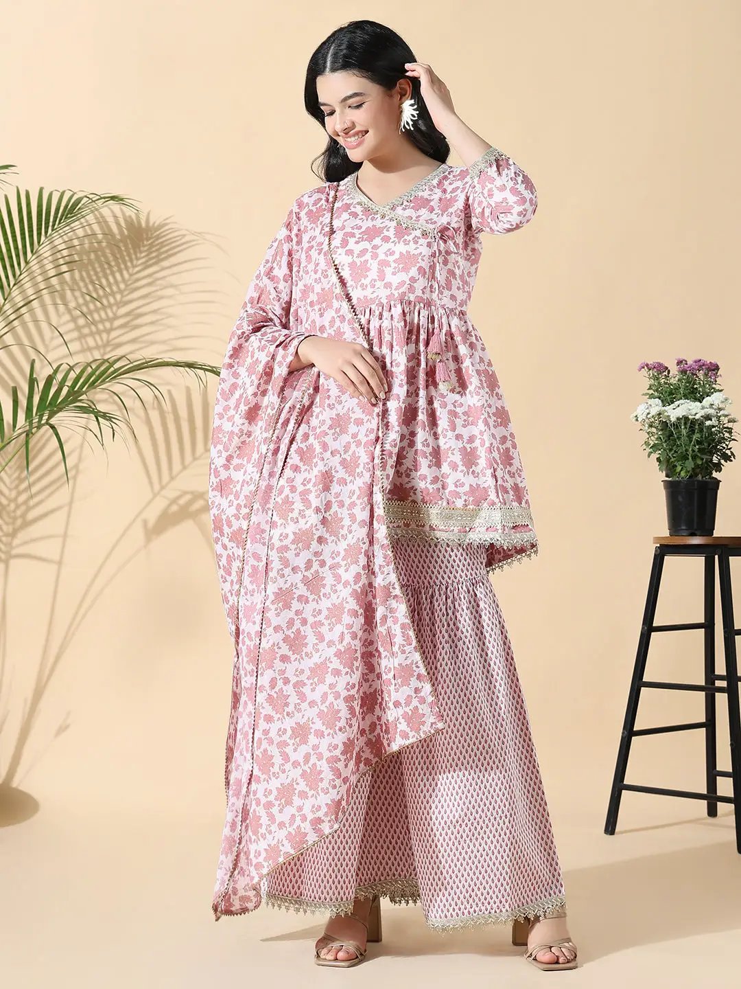 Women's Floral Anarkali Pink Kurti and Sharara with Dupatta
