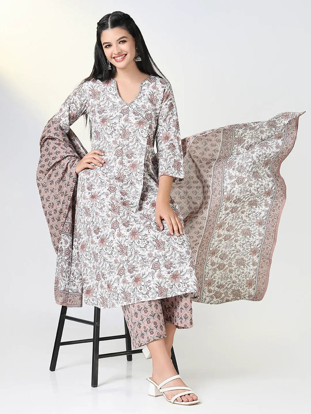Women's Brown Floral A Line Kurta Set with Dupatta