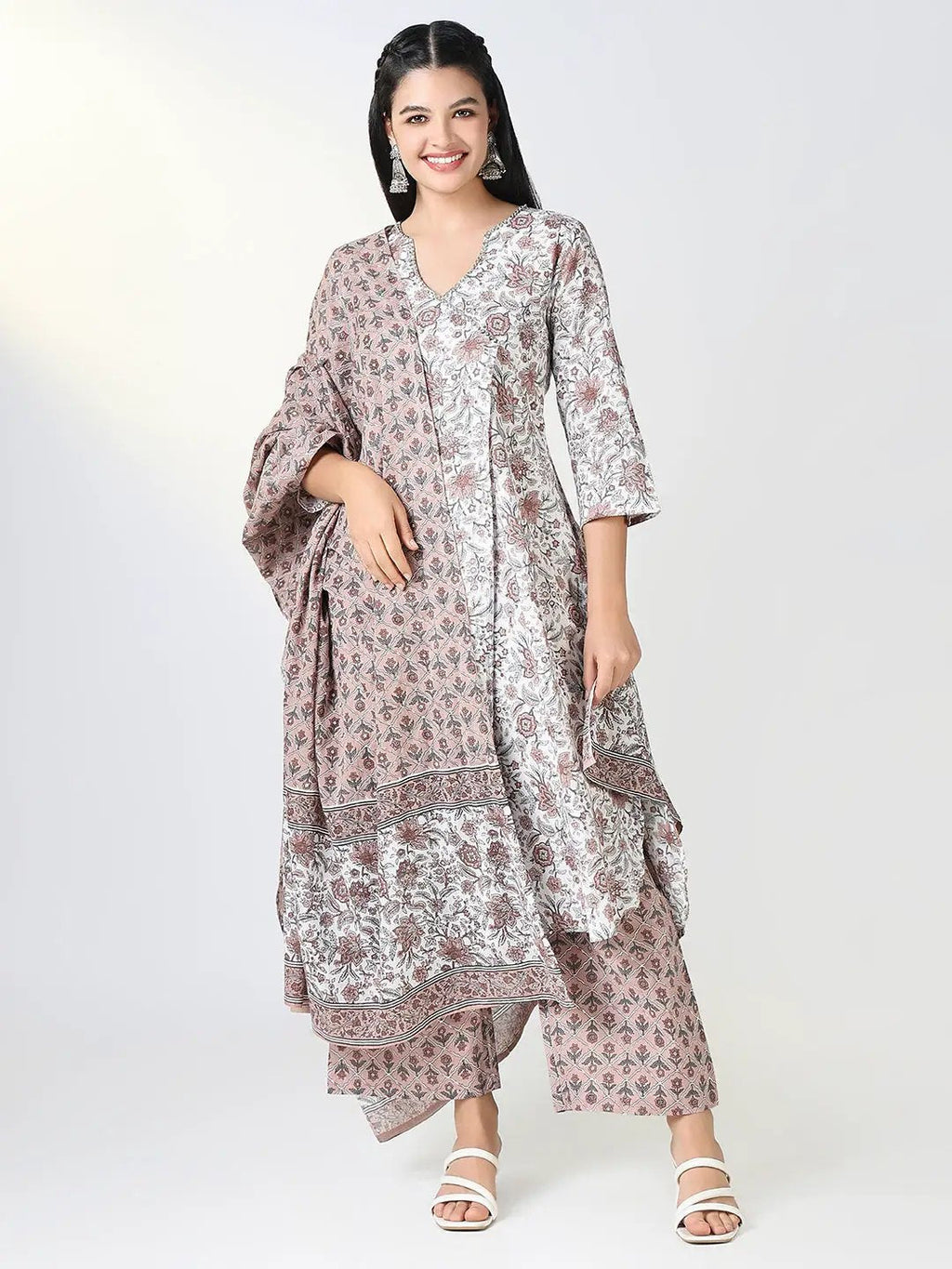 Women's Brown Floral A Line Kurta Set with Dupatta