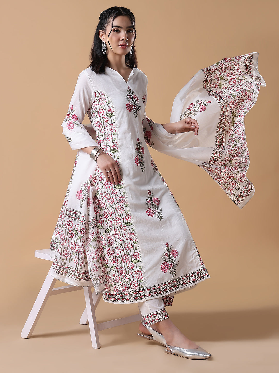 Women's Hand Block Print A-Line White Kurta Set with Dupatta