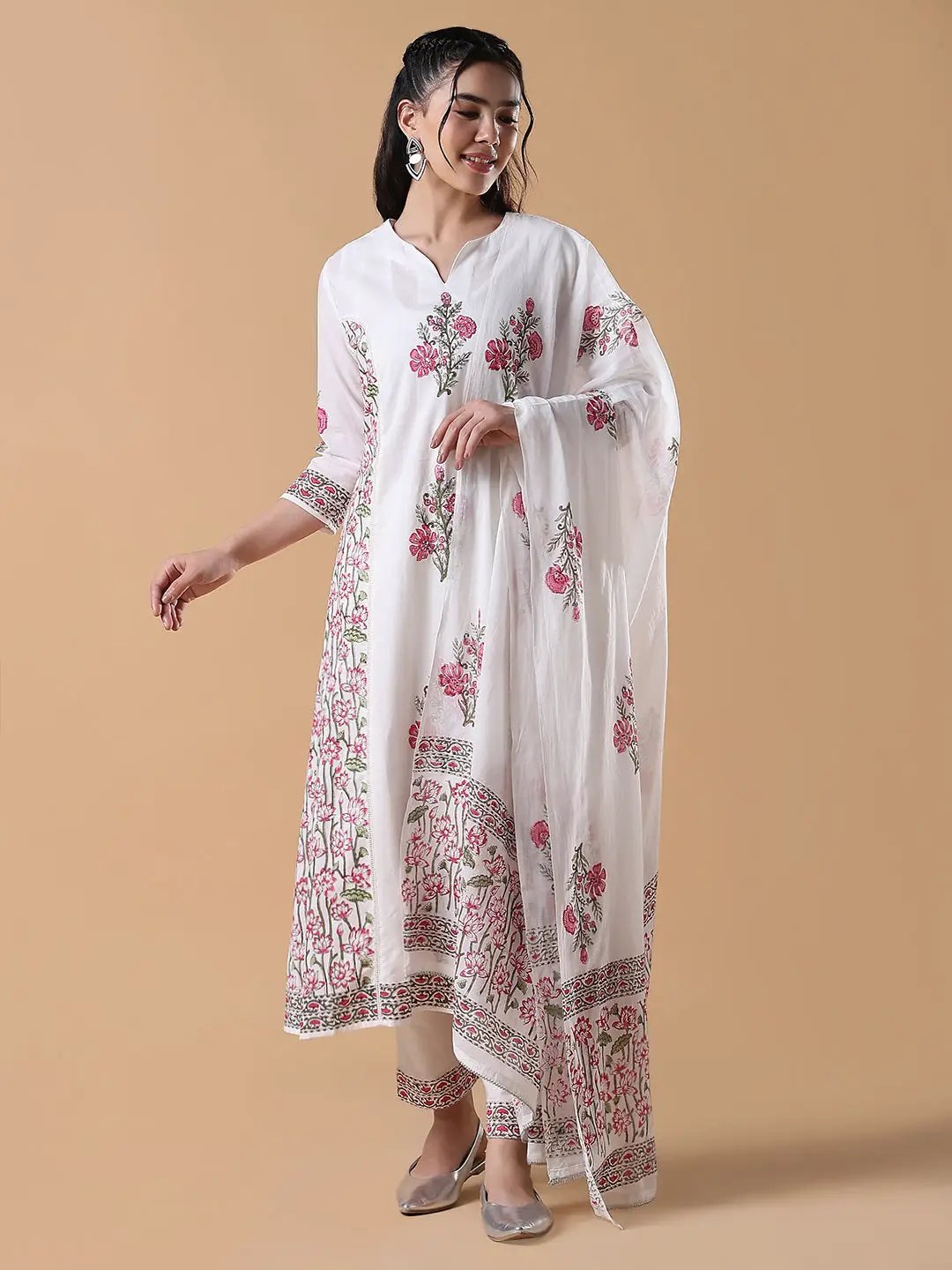 Women's Hand Block Print A-Line White Kurta Set with Dupatta