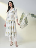 Women's White Floral Anarkali Kurta Set with Dupatta