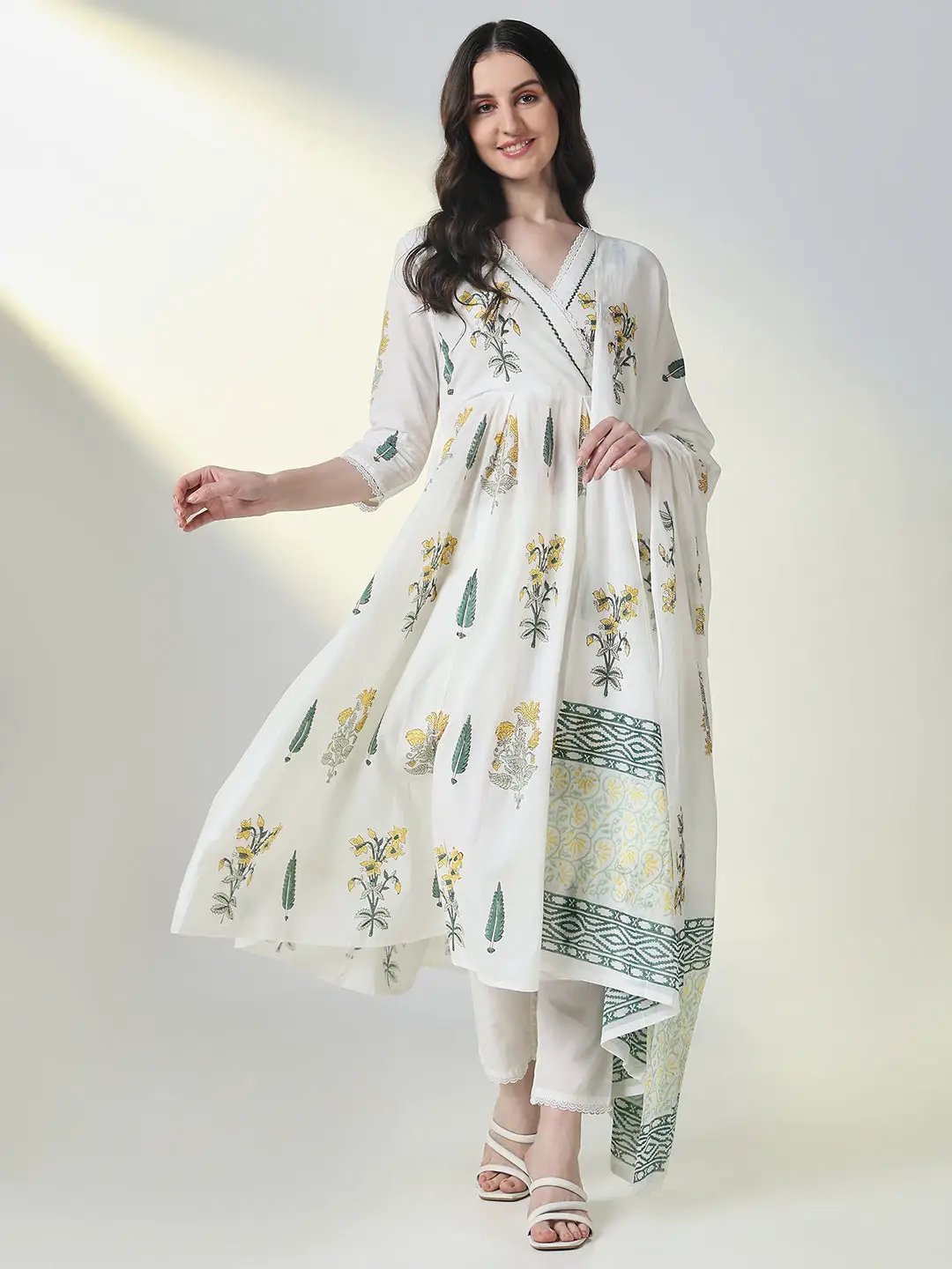 Women's White Floral Anarkali Kurta Set with Dupatta