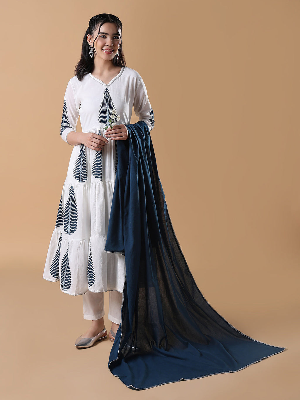 Women's Hand Block Print Anarkali White Kurta Set with Dupatta