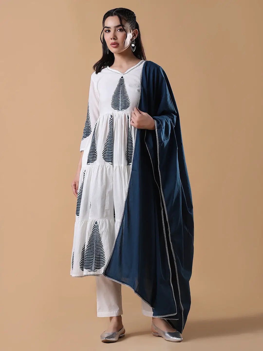 Women's Hand Block Print Anarkali White Kurta Set with Dupatta
