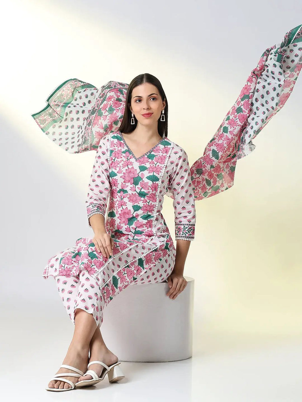 Women's White Floral A Line Kurta Set with Dupatta