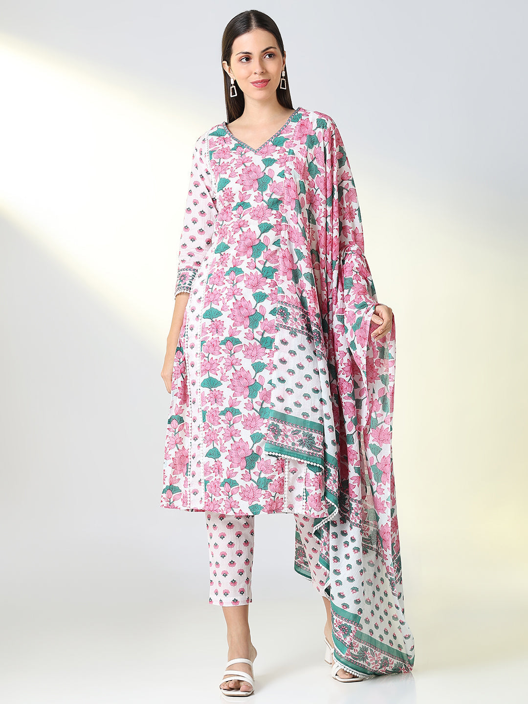 Women's White Floral A Line Kurta Set with Dupatta