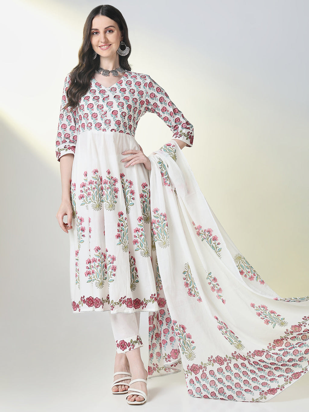 Women's Ethnic White Floral Anarkali Kurta Set with Dupatta