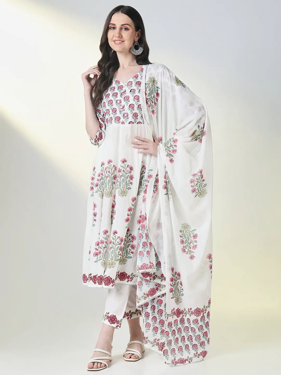Women's Ethnic White Floral Anarkali Kurta Set with Dupatta