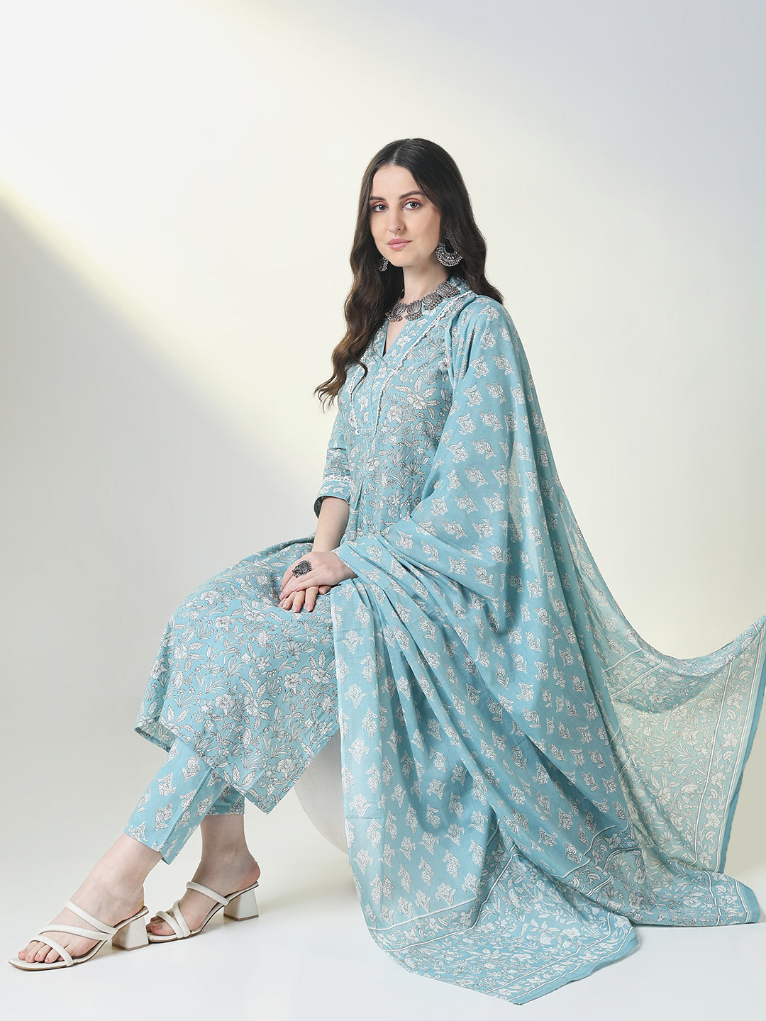 Women's Blue Floral Straight Kurta Set with Dupatta