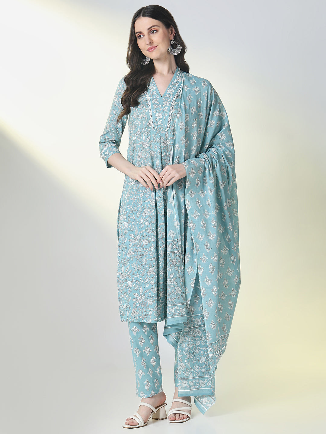 Women's Blue Floral Straight Kurta Set with Dupatta