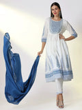 Women's White Ethnic Graphic Anarkali Kurta Set with Dupatta
