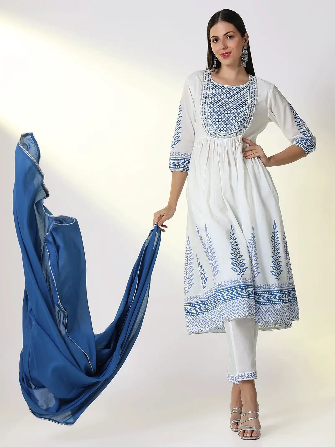 Women's White Ethnic Graphic Anarkali Kurta Set with Dupatta