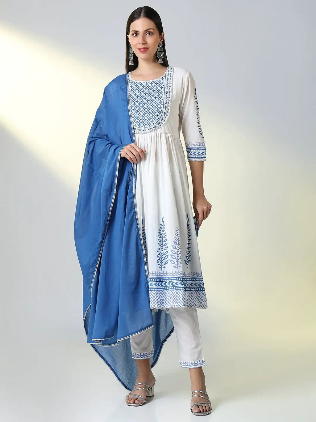 Women's White Ethnic Graphic Anarkali Kurta Set with Dupatta