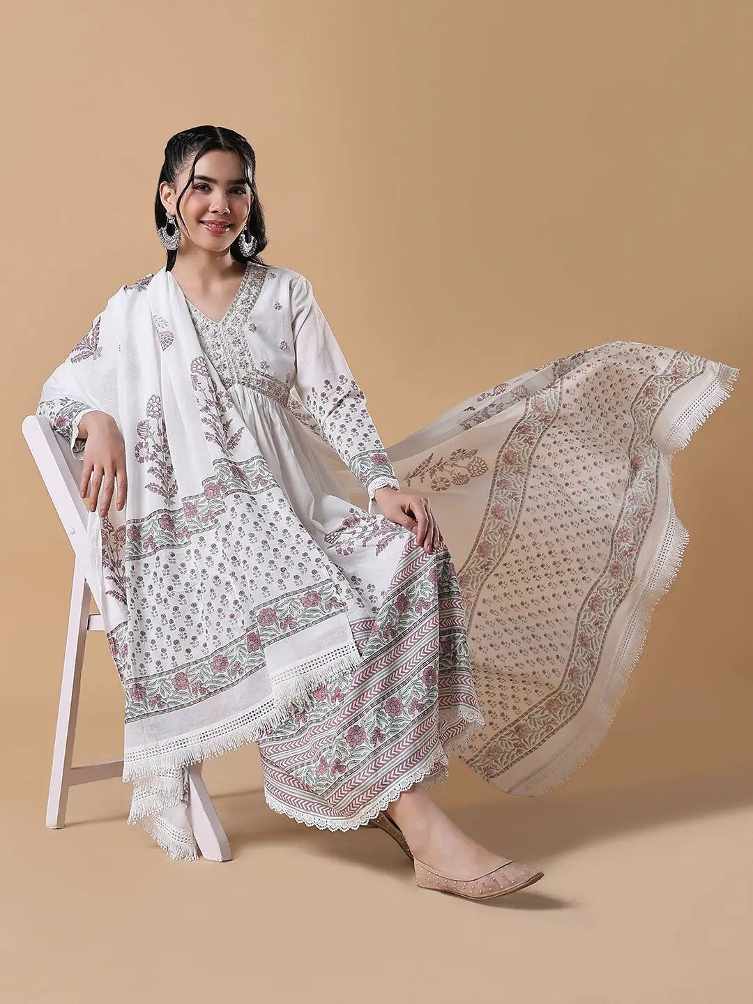 Women's Hand Block Print Anarkali Thread Work White Kurta Set with Dupatta